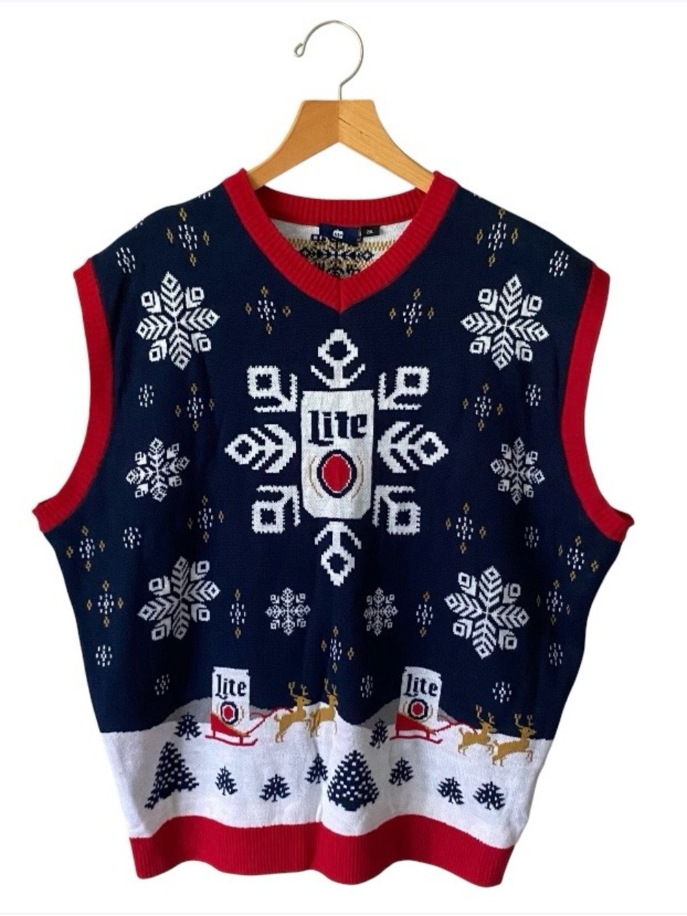 Miller Lite Knit Vest Snowflakes Beer Ugly Christmas Sweater Adult Size XXL 2XL